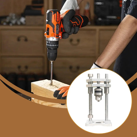 Vertical Drill Guide Tool With 10mm Chuck For Precise Drill Press Alignment And Easy Mounting Portable Steel Auxiliary Drill Guide For DIY Home Workshop And Craft Projects in use on workbench