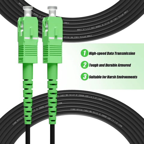 Rock Solid Outdoor Single Mode Fiber Optic Cable Armored SCA To SCA Connector 20M 66 Ft with green connectors and black cable.