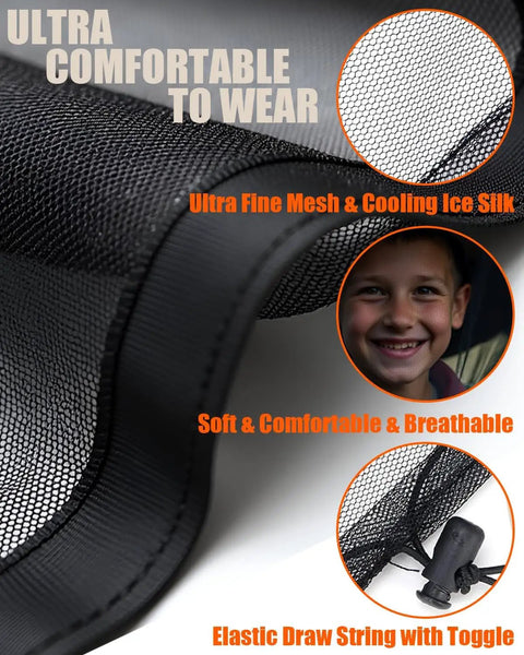 Close-up of ultra fine mesh and elastic drawstring of Two Pack Mosquito Head Net For Hats, Ultra Fine Ice Silk Bug Mask