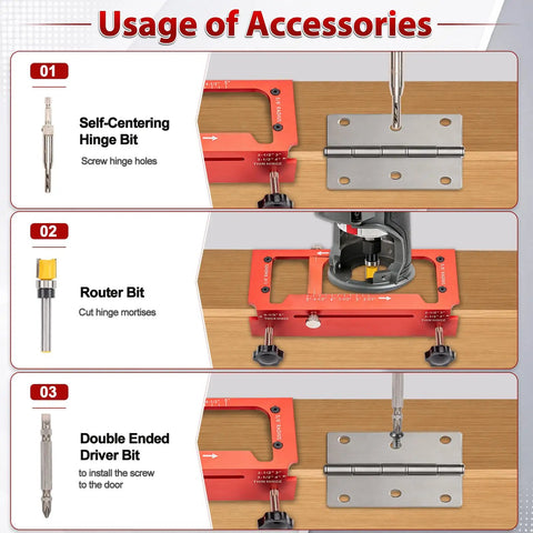 Usage of Heavy Duty Aluminum Alloy Door Hinge Jig And Lock Latch Installation Kit with hinge and router bits for mortise cutting.