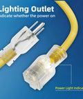 Heavy Duty 25 Foot 12 Gauge Outdoor Extension Cord With Lighted End, Waterproof 3 Prong SJTW 15A 1875W Yellow Cable