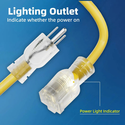 Heavy Duty 25 Foot 12 Gauge Outdoor Extension Cord With Lighted End, Waterproof 3 Prong SJTW 15A 1875W Yellow Cable