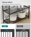 Dense mesh shelves of a Three Tier Rolling Steel Storage Rack With Mesh Shelves Smooth Wheels Heavy Duty Entryway Organizer holding dishes.