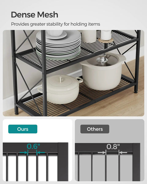 Dense mesh shelves of a Three Tier Rolling Steel Storage Rack With Mesh Shelves Smooth Wheels Heavy Duty Entryway Organizer holding dishes.