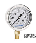 Front view of MEASUREMAN glycerin-filled 2-1/2 in dial pressure gauge, 0-60 psi, stainless steel case, 1/4 in NPT lower mount.
