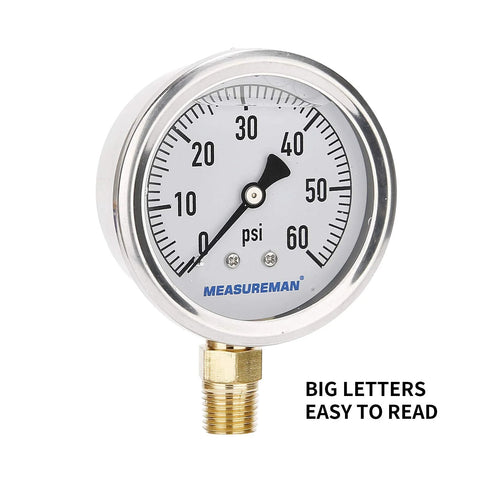 Front view of MEASUREMAN glycerin-filled 2-1/2 in dial pressure gauge, 0-60 psi, stainless steel case, 1/4 in NPT lower mount.