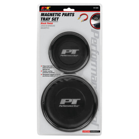 Magnetic Parts Tray Tool Set for Garages and Workshops Black Two Tray Kit With 4 Inch And 5 And A Half Inch Trays Packaging