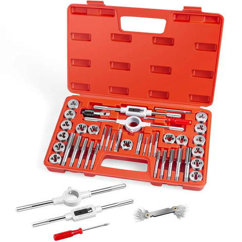 40 Piece Premium Tap And Die Set For Metalworking Do-It-All Kit With SAE Unified Threads From Number Four To One Half Inch Including UNC Coarse, UNF Fine And NPT, Complete With Handles And Essentials For Creating And Repairing Threads
