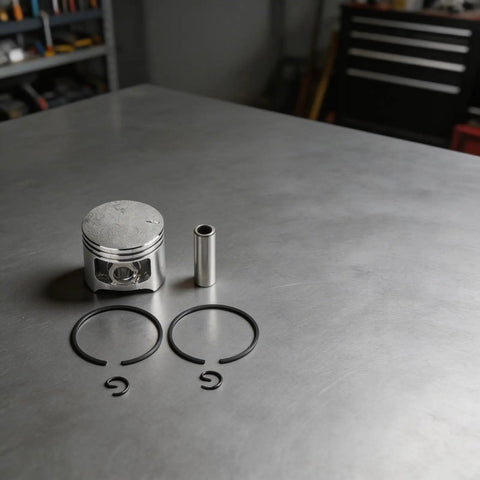 Complete 46mm Piston Kit Replacement For PB580H PB580T Engines With Piston Pin And Rings Exact Fit laying on a workbench