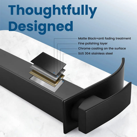 Close-up of Matte Black Tall Waterfall Vessel Sink Faucet With Large Rectangular Spout Single Handle One Hole Mixer design layers