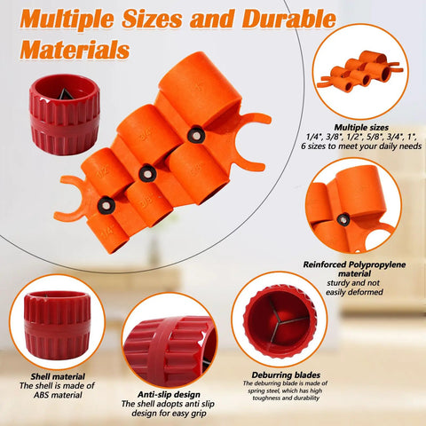 Pro Grade Depth Gauge And Pipe Deburring Tool Kit With Six Size Depth Gauge Set And Chamfer Reamer For Copper PVC CPVC PPR Brass Aluminum Tubing From Three Sixteenth Inch To One And A Half Inch Inner And Outer featuring multiple sizes and durable materials.