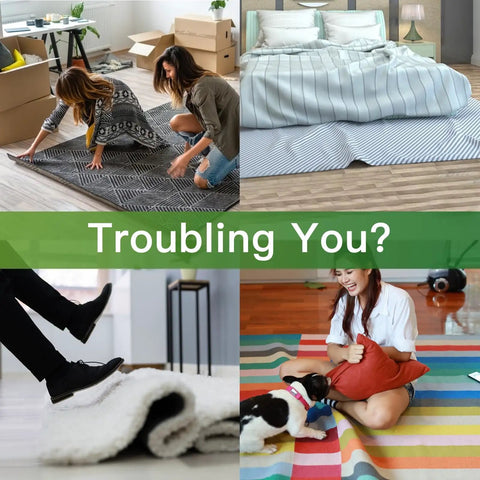 Collage showing use of Non Slip Rug Pads And Tape For Hardwood Floors And Tiles Reusable And Washable No Damage Carpet Tape
