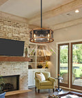 Dope Industrial Farmhouse Ceiling Fan With Lights, Caged Wood Design in living room, pendant light mode, low profile ceiling fan