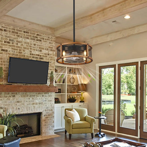 Dope Industrial Farmhouse Ceiling Fan With Lights, Caged Wood Design in living room, pendant light mode, low profile ceiling fan