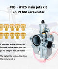 Beefed Up VM22 Carburetor Kit Upgrade with main jets for Predator 212 and clone engines on display with mini bike background.