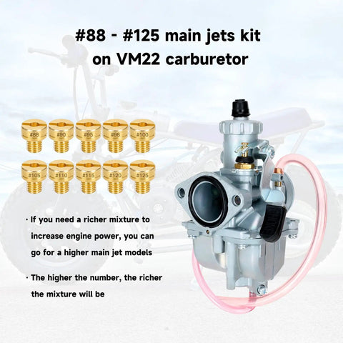 Beefed Up VM22 Carburetor Kit Upgrade with main jets for Predator 212 and clone engines on display with mini bike background.