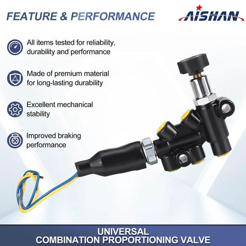 Universal Adjustable Proportioning Valve Kit With Easy Turn Knob For Master Cylinder 260-13190 260-11179 close-up view with black finish and yellow accents.