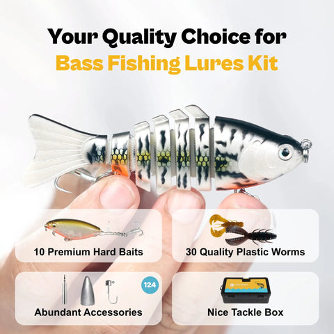 Hand holding animated swimbait from All In One Bass Fishing Lures Kit For Freshwater With Animated Swimbaits Topwater Plopper Chatterbait Crankbait Soft Plastic Baits Set And Tackle Box Included For Real Anglers