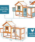 Diagram of outdoor chicken coop with large nesting box and 5 lockable doors, weatherproof wooden hen house with dimensions.