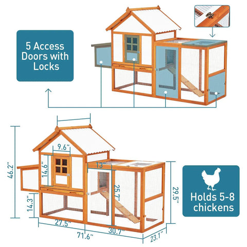 Diagram of outdoor chicken coop with large nesting box and 5 lockable doors, weatherproof wooden hen house with dimensions.