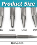 Heavy Duty Four Piece Nail Setter And Center Punch Set For Woodworking Projects, showing various sizes: 1/8in, 3/32in, 1/16in, 1/32in.