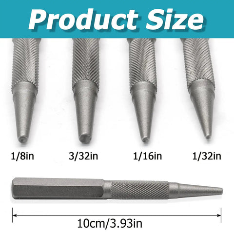 Heavy Duty Four Piece Nail Setter And Center Punch Set For Woodworking Projects, showing various sizes: 1/8in, 3/32in, 1/16in, 1/32in.