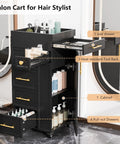 Salon Trolley Cart With Five Drawers, Three Tool Holders And Adjustable Shelf, mobile storage cabinet, black finish, hair products visible