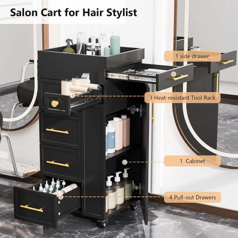 Salon Trolley Cart With Five Drawers, Three Tool Holders And Adjustable Shelf, mobile storage cabinet, black finish, hair products visible