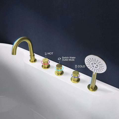 Close-up of brushed gold five hole Roman tub faucet with sprayer, deck mount, three handles, and hand shower on a white tub.