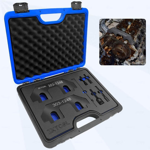 Seven Piece Go-To Camshaft Holding Timing Tool Kit For Ford 3.5L And 3.7L 4V Engines Includes Chain Tensioner Holder Crankshaft Blocking Pins And Sponge Box For Easy Timing Chain Repair And Precise Camshaft Positioning At TDC in open case