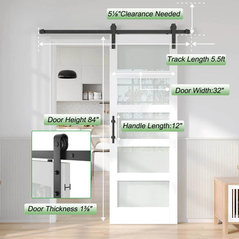 32 Inch By 84 Inch White Frosted Glass Sliding Barn Door With 66 Inch Hardware Kit And Handle PVC Surface Finish