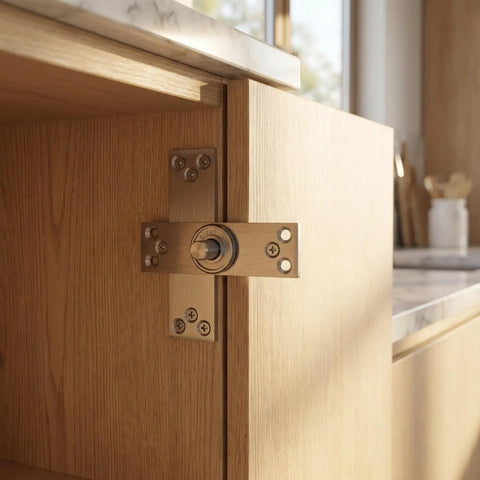 Stainless Steel Concealed Pivot Hinge Delivering Smooth As Butter 360 Rotation For Cabinets, close-up view of installation on cabinet.
