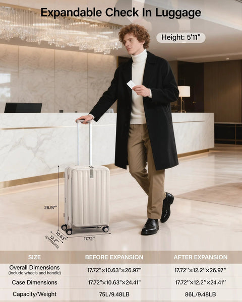 Hanke 24-inch expandable hard-shell luggage with wheels, ivory white, top-opening, front view