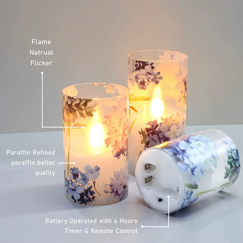 Flameless Battery Operated Candles With Remote Hydrangea Glass Pillar Centerpiece For Wedding And Home Decor, flickering light