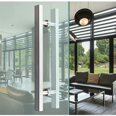 Brushed Stainless Steel Gate Hardware Square Tube Door Handle on glass door in modern living room, 1000x700mm