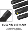 Close-up of knurled steel handles with engraved sizes on Roll Pin Punch Set With Storage Pouch And Hammer, 9 Piece Beefy Hardened Steel Removal