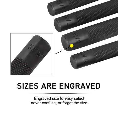 Close-up of knurled steel handles with engraved sizes on Roll Pin Punch Set With Storage Pouch And Hammer, 9 Piece Beefy Hardened Steel Removal