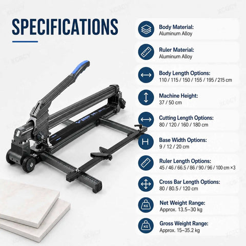 Specifications of Heavy Duty Manual Tile Cutter With Bright Green Laser Guide And Beefed Up Steel Rails For Straight Cuts Up To 1800 Mm.