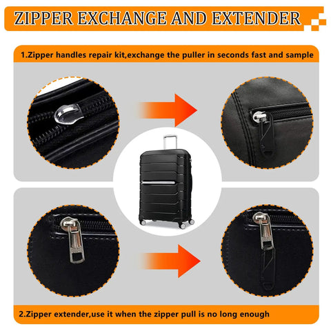 Luggage Zipper Pull Replacement Set For Travelers, Alloy Metal Tabs, 6 Pack, 1.4x0.4x0.17 Inches, shown replacing suitcase zipper