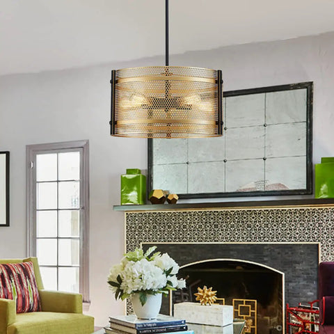 Farmhouse Drum Chandeliers Pendant Light Fixture With Gold Mesh Shade And Black Frame, Living Room Setting