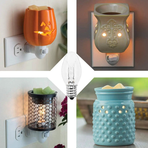 Collage of plug-in wax warmers and 15W C7 Replacement Bulbs for Wax Warmers Night Lights Salt Lamps and Candle Warmers 120V