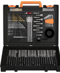 The Ultimate 350 Piece Drill Bit Set For Home Repair And Furniture Assembly Packed With Masonry Bits Driver Bits Spade Bits Hole Saws And Hex Keys To Power Through Any Household Job Without Breaking A Sweat displayed in a black case.