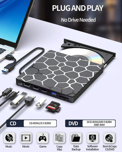 8 In 1 External CD DVD Drive USB 3 And Type C Disc Reader Burner For Laptops And PCs Fast Transfer No Driver Needed Wide Compatibility With Windows Mac And Chrome OS, plug and play