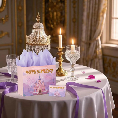 13 Inch Large Birthday Gift Bag Set With Tissue Paper And Greeting Card Pink And Purple Princess Castle Theme With Ribbon Handles