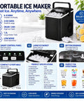 Swift As Lightning Countertop Ice Maker With Handle, Drops Fresh Bullet Ice In Mere Minutes, Dang Fast 26 Pound Daily Yield, Zero Drama Automatic Cleaning Comes With Roomy Basket And Solid Scoop Perfect For Busy Houses Or Road Trip Adventures Black image showing smart control panel and ice basket.