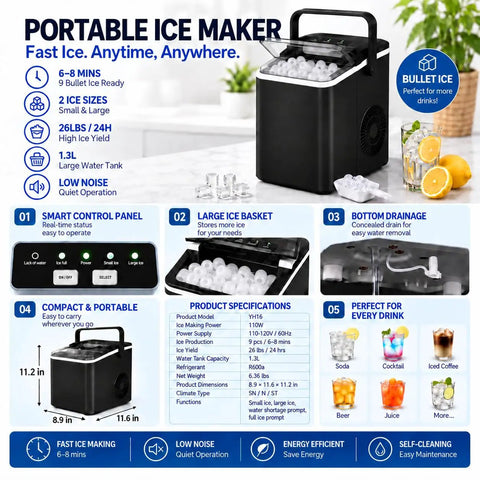 Swift As Lightning Countertop Ice Maker With Handle, Drops Fresh Bullet Ice In Mere Minutes, Dang Fast 26 Pound Daily Yield, Zero Drama Automatic Cleaning Comes With Roomy Basket And Solid Scoop Perfect For Busy Houses Or Road Trip Adventures Black image showing smart control panel and ice basket.
