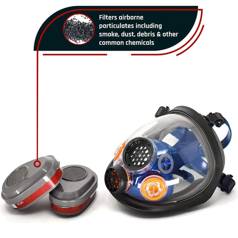 Industrial-Grade Full Face Respirator Mask With Anti-Fog Scratch-Resistant Lens and bayonet filters on white background.