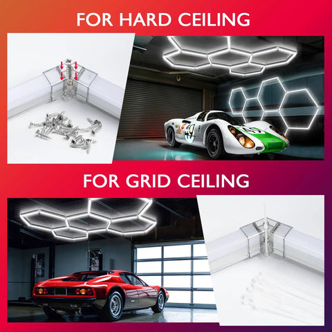 Hexagon LED Garage Light Fixture Pack 24 Count High Output 192W 23040LM 6500K Super Bright Grid System installed in garage