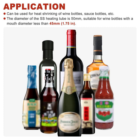 Assorted bottles showcasing use of PVC Capsule Heat Shrinker For Wine Bottles 50mm Sealing Machine Handheld Bottle Wrap Tool