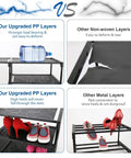 Collage comparing upgraded PP shelves on the 9-Tier Tall Shoe Rack With Dustproof Covers Holds 40 To 46 Pairs Closed Shelves Shoe Cabinet Organizer For Garage Or Bedroom, Sneaker Storage Stand, Durable Multi-Tier Closet Organizer For Boots And Sneakers with non-woven and metal shelves, showcasing load-bearing capacity and dustproof features.